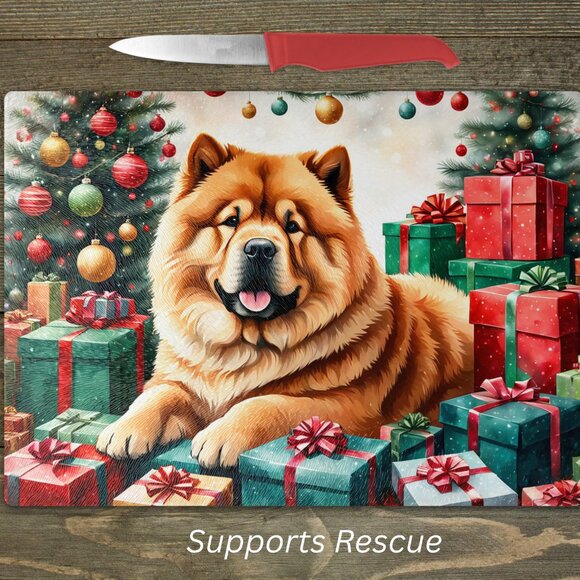 Christmas Chow Chow Dog Kitchen Tempered Glass Cutting Board or Trivet - Picture 1 of 1
